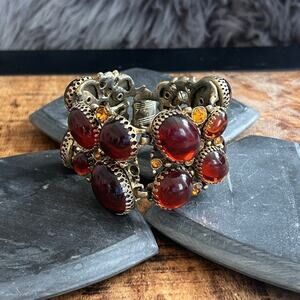 Vintage 1950s Hollywood Regency Amber Cabochon Rhinestone Panel Bracelet